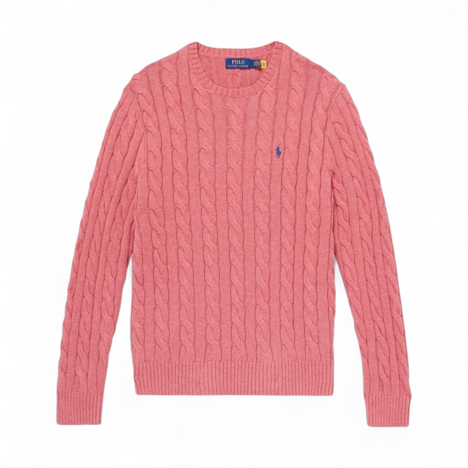 Pink cable knit sweater with Polo Ralph Lauren logo on a white background