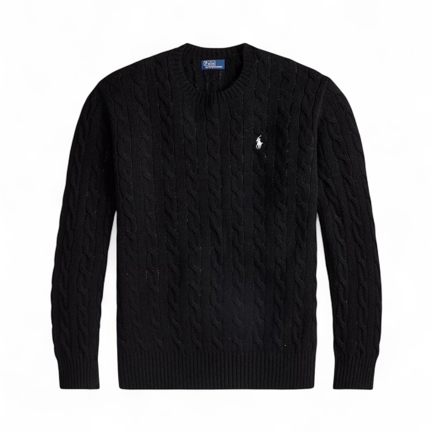 Black cable knit sweater with Polo Ralph Lauren logo on a white background