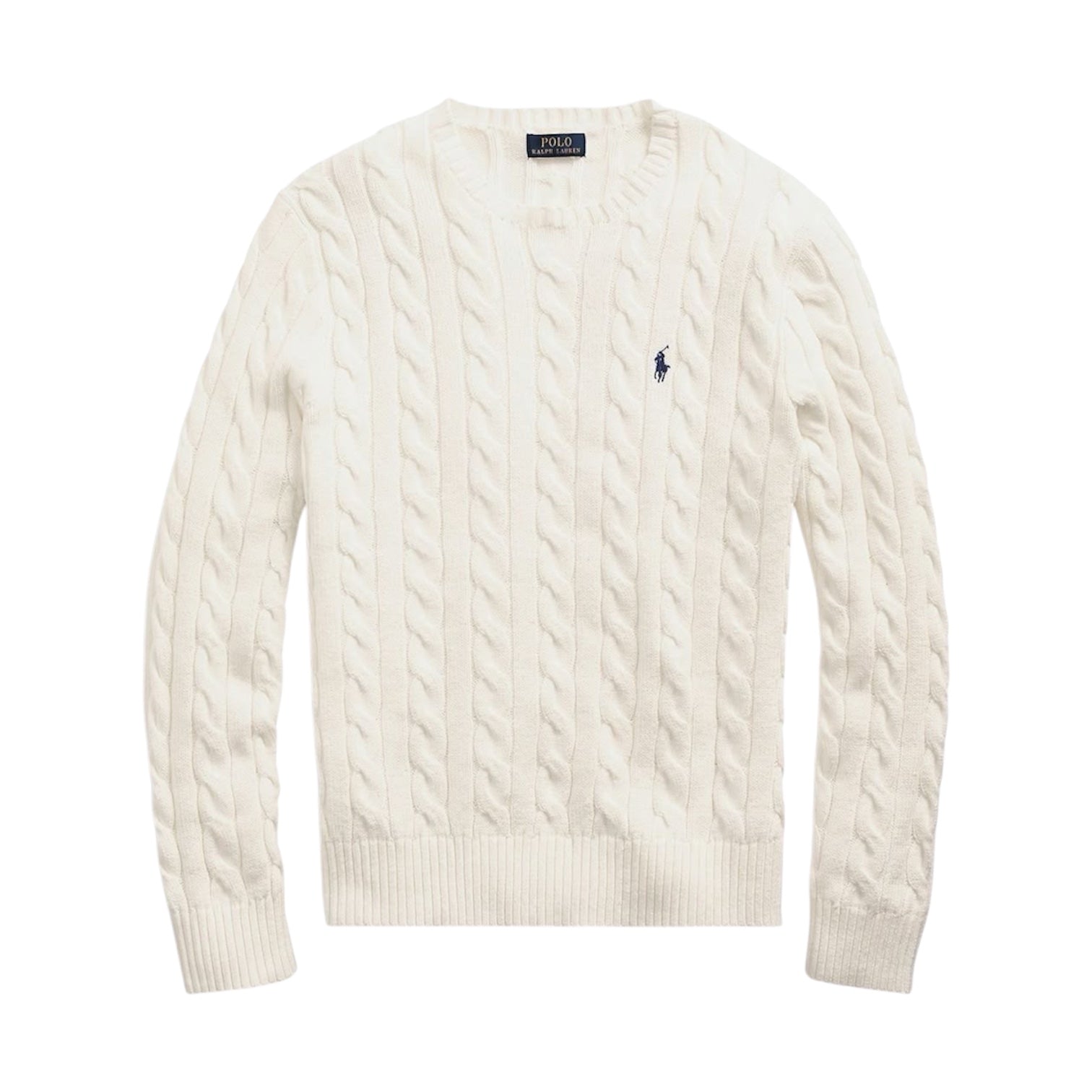 White cable knit sweater with Polo Ralph Lauren logo on a white background