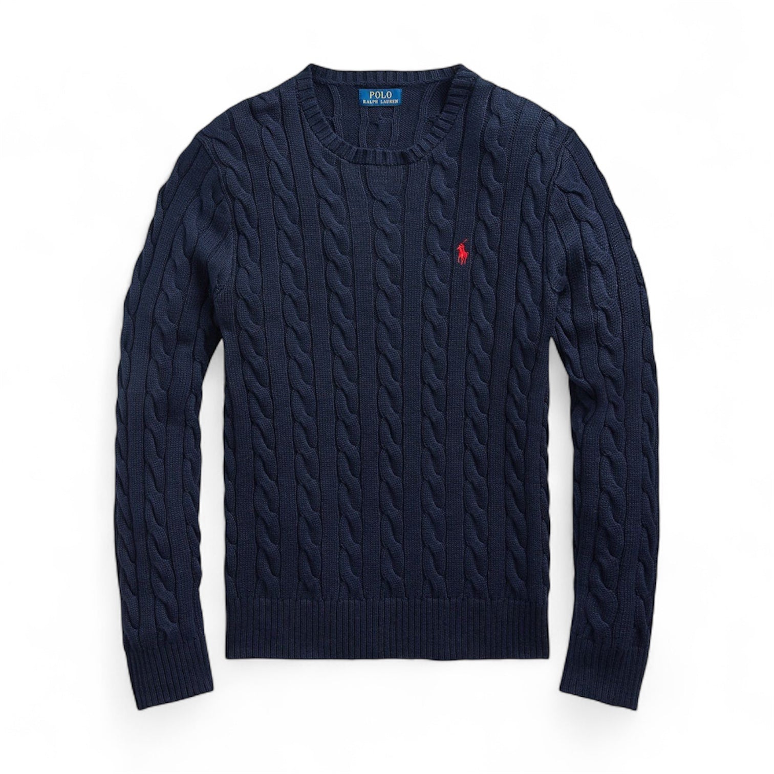 Navy cable knit sweater with red logo on a white background